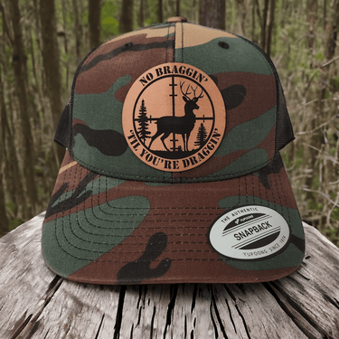 No Braggin' Til You're Draggin Leather Patch Trucker Hat for Hunting Lovers - Trucker Hat - Charm and Char